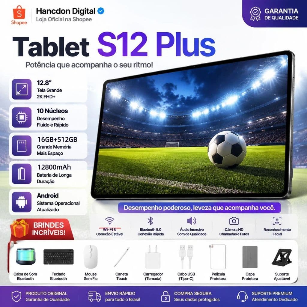 Combo with Keyboard and Mouse Tablet S12 Plus - 12.8" inch 16GB + 512GB Android 15 12800mAh Ideal for Studies and Games