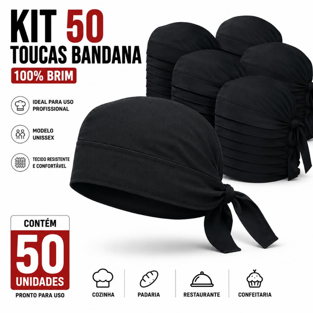 Kit 50 Bandanas Brim Pretas Unissex Cozinha Chef Padaria Confeitaria Restaurante Lanchonete Uniforme Profissional