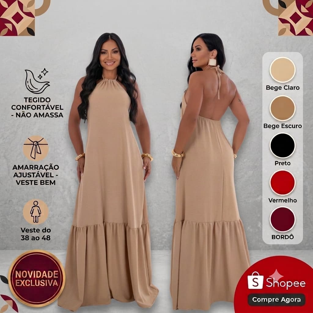 Vestido Frente Única Longo Tecido Dunas Tendência 2026 Preto Bege Vermelho Bordo Festa