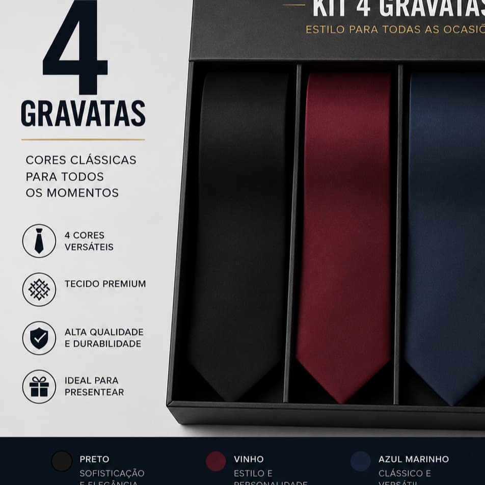 Kit 4 Gravatas Social Masculino Lisa Premium, Estilo Executivo Clássico Elegante Ideal Para Festas, Cerimônias, Ocasiões