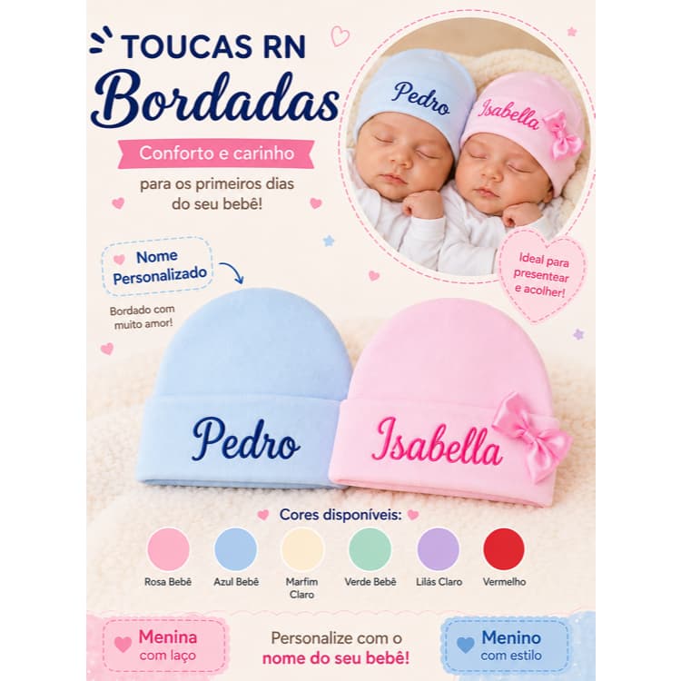Touca RN Bordada Personalizada | Nome Bordado | Recém-Nascido | Microsoft Super Macia | Presente para Bebê