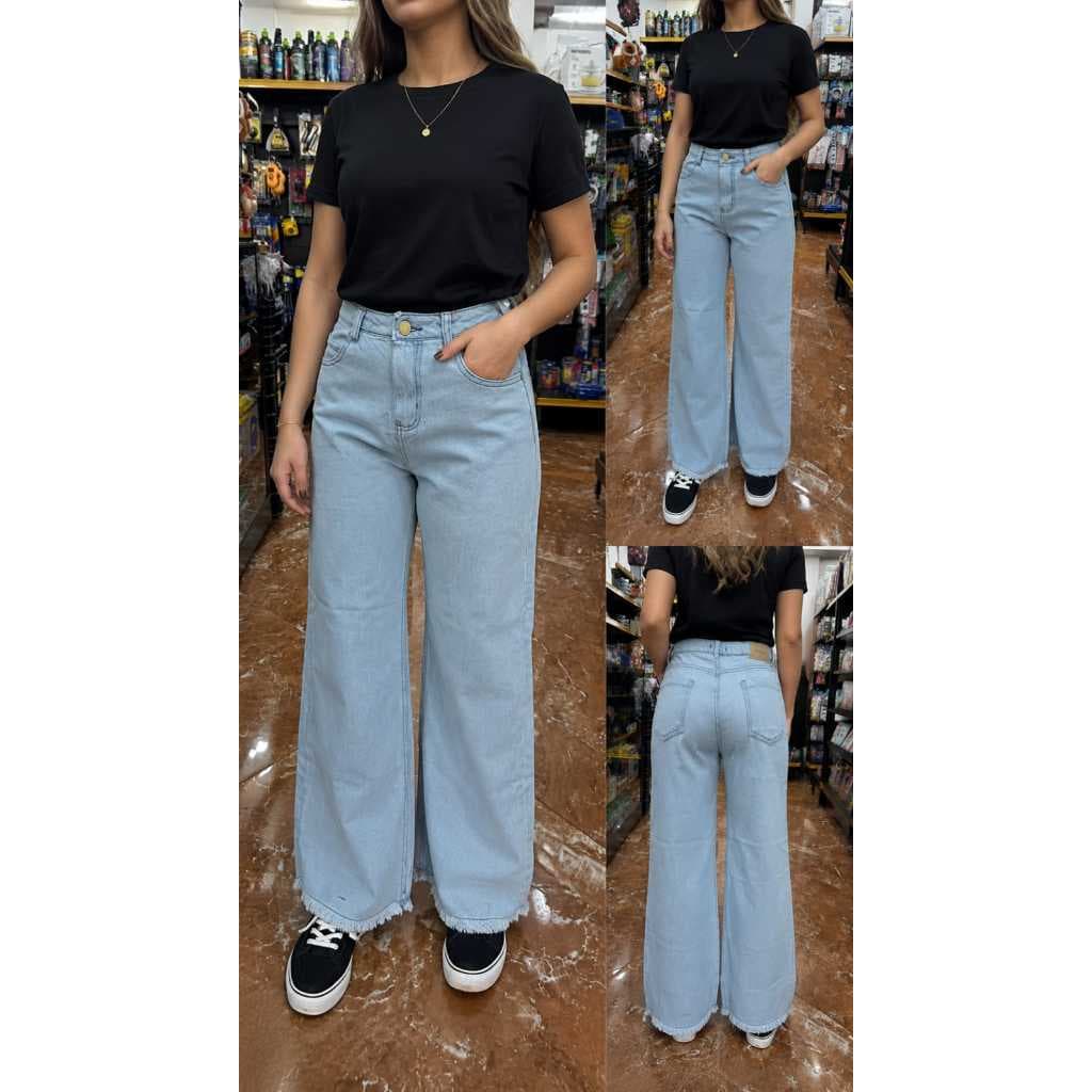 Calça Jeans Claro Wide Leg Feminina Cintura Alta Perna Larga 36 ao 46 + Wide Leg + Jeans Claro + Cintura alta