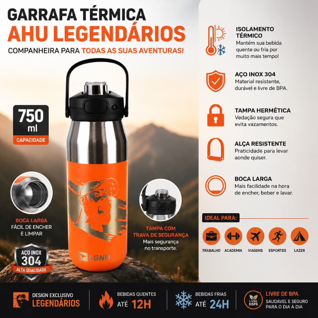Garrafa Térmica Inoxidável AHU Legendários 750ml - Laranja/ Preta Academia Esportes Água Gelada