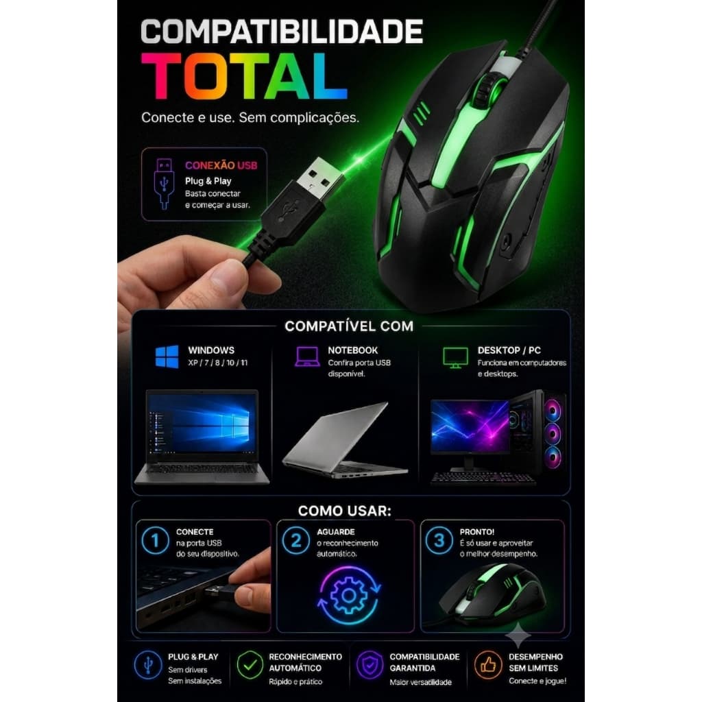 Mouse Gamer RGB Exbom MS-62 USB 1200 DPI LED 7 Cores Ergonômico PC Notebook