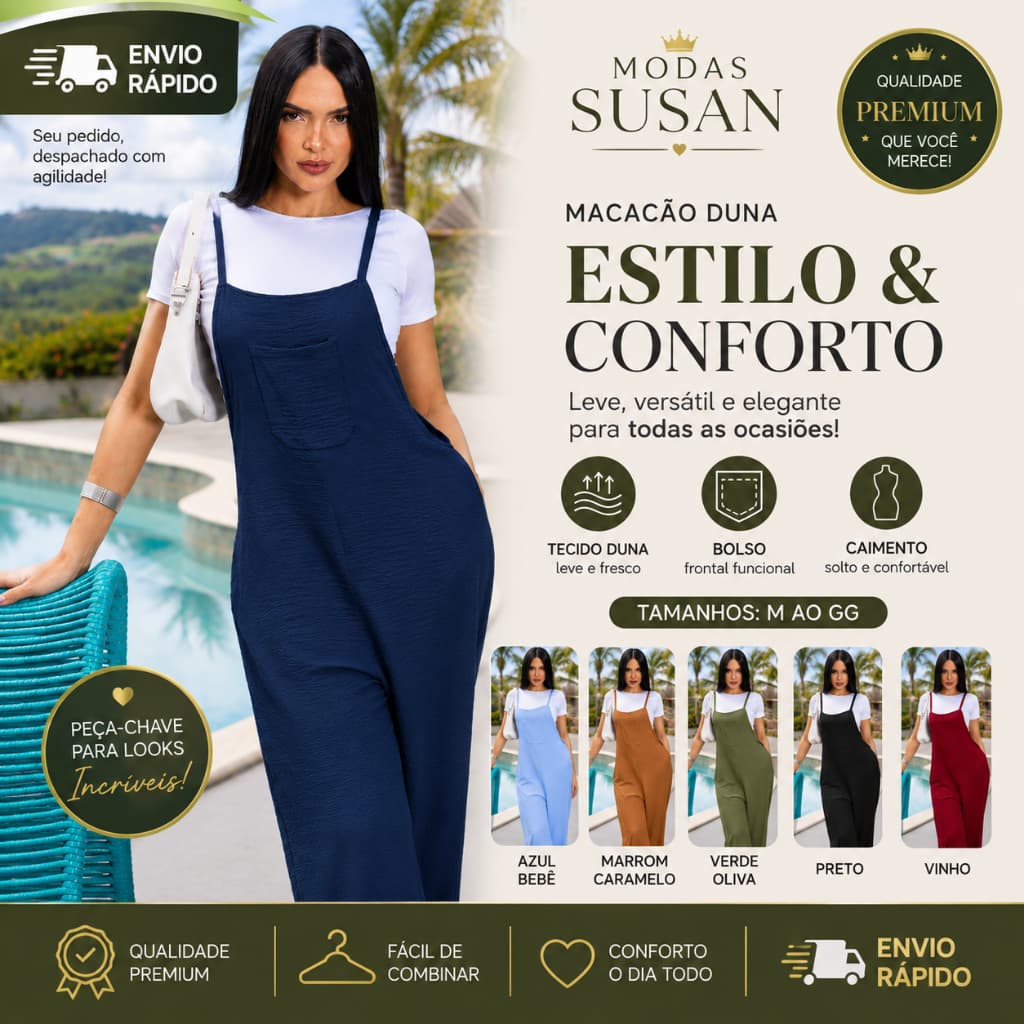 Macacão Feminino Duna Premium Longo com Bolso Frontal Alça Regulável Casual Elegante Confortável M ao GG Pronta Entrega