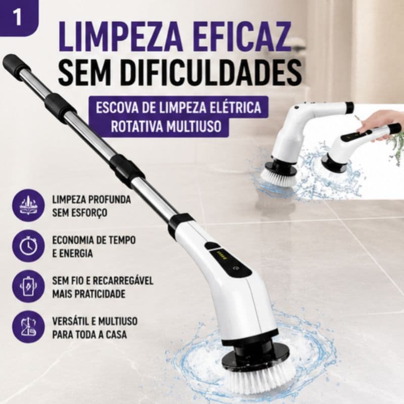 Escova de Limpeza Elétrica Rotativa Sem Fio Recarregável Cabo Extensível Multiuso
