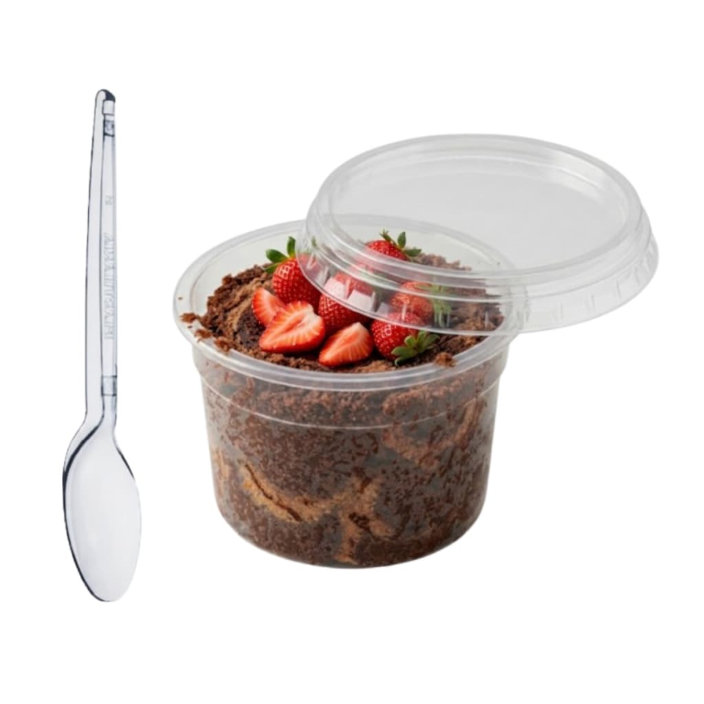 Pote Descartavel 250ML Com 24 Un + 50 colher Sobremesa Redondo Resistente para doces Brigadeiros Festas Confeitaria