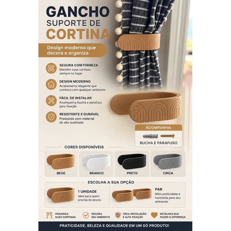 Suporte Gancho Predendor De Cortina Gancho Elegante Com Parafusos E Buchas