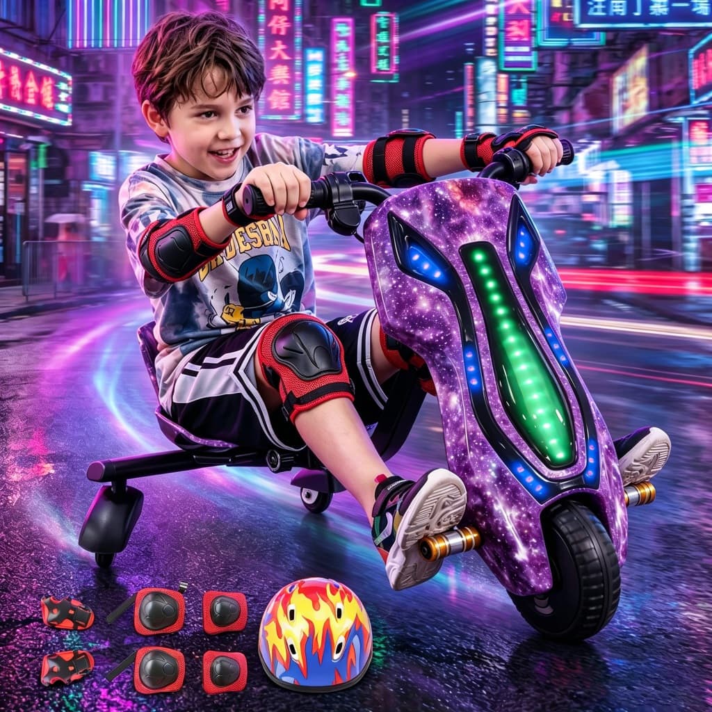 Triciclo Elétrico Drift 350W Infantil E Adulto Com Freio Drift Bluetooth Som e LED Suporta Até 80 KG kit de proteção