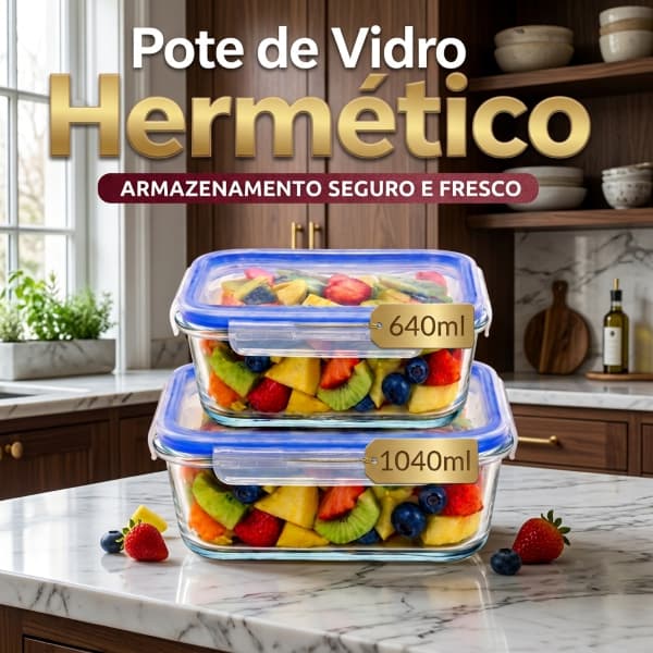Kits Potes Herméticos Borossilicato Retang c/ Tampa 640ml e 1040ml Resistência e Vedação Eficiente