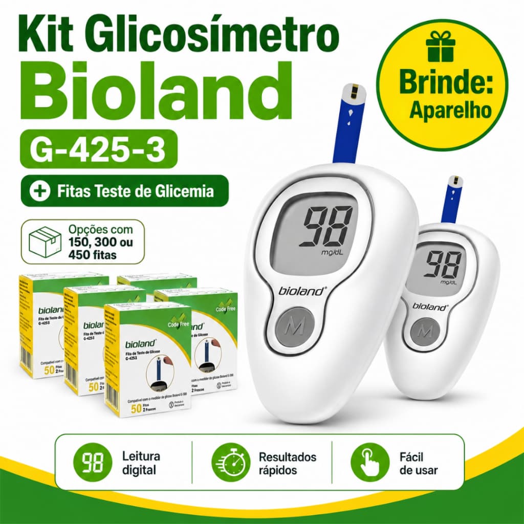 Kit Fita de Glicemia + Aparelho Medidor Digital Glicosímetro Bioland G-425-3 Teste Glicemia Diabetes Medidor de Glicose