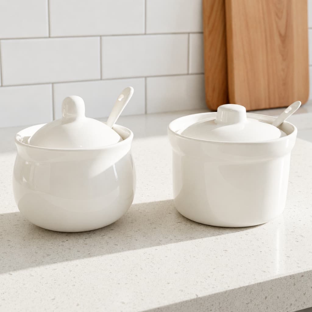 Pote Em Porcelana Branca Multiuso com Tampa e Colher Açucareiro, Saleiro e Temperos
