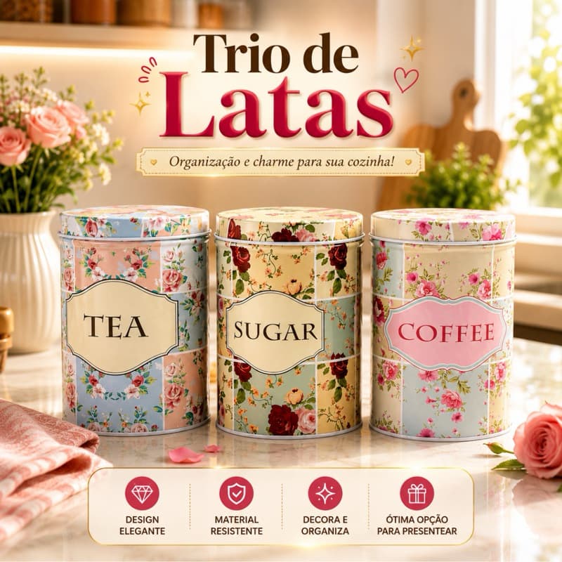 Lata Pote Café Açúcar Chá Porta Mantimento Kit de Latas Decoração Cozinha Sala Multiuso