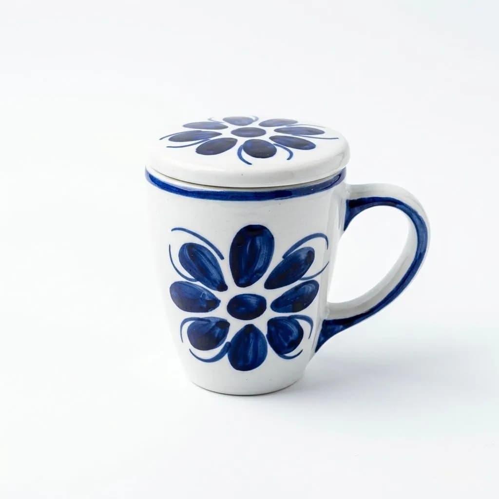 Caneca de Chá / Café 350ml em Porcelana Monte Sião com Tampa | Pintura Artesanal Azul Colonial | Presente Elegante