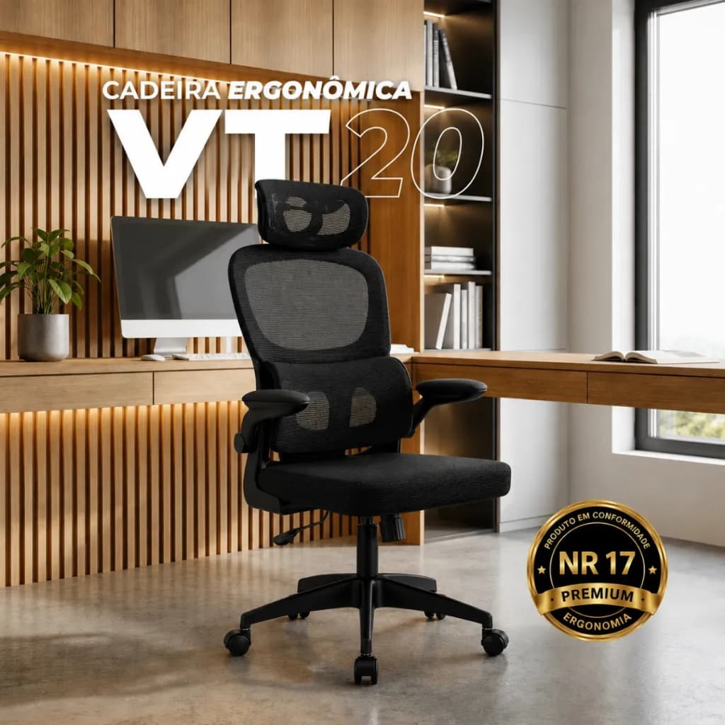 💺 Cadeira Ergonômica Mesh com Apoio Lombar Cabeça e Braços Ajustáveis Reclinação Base Cromada e Suporta 120kg Verittas