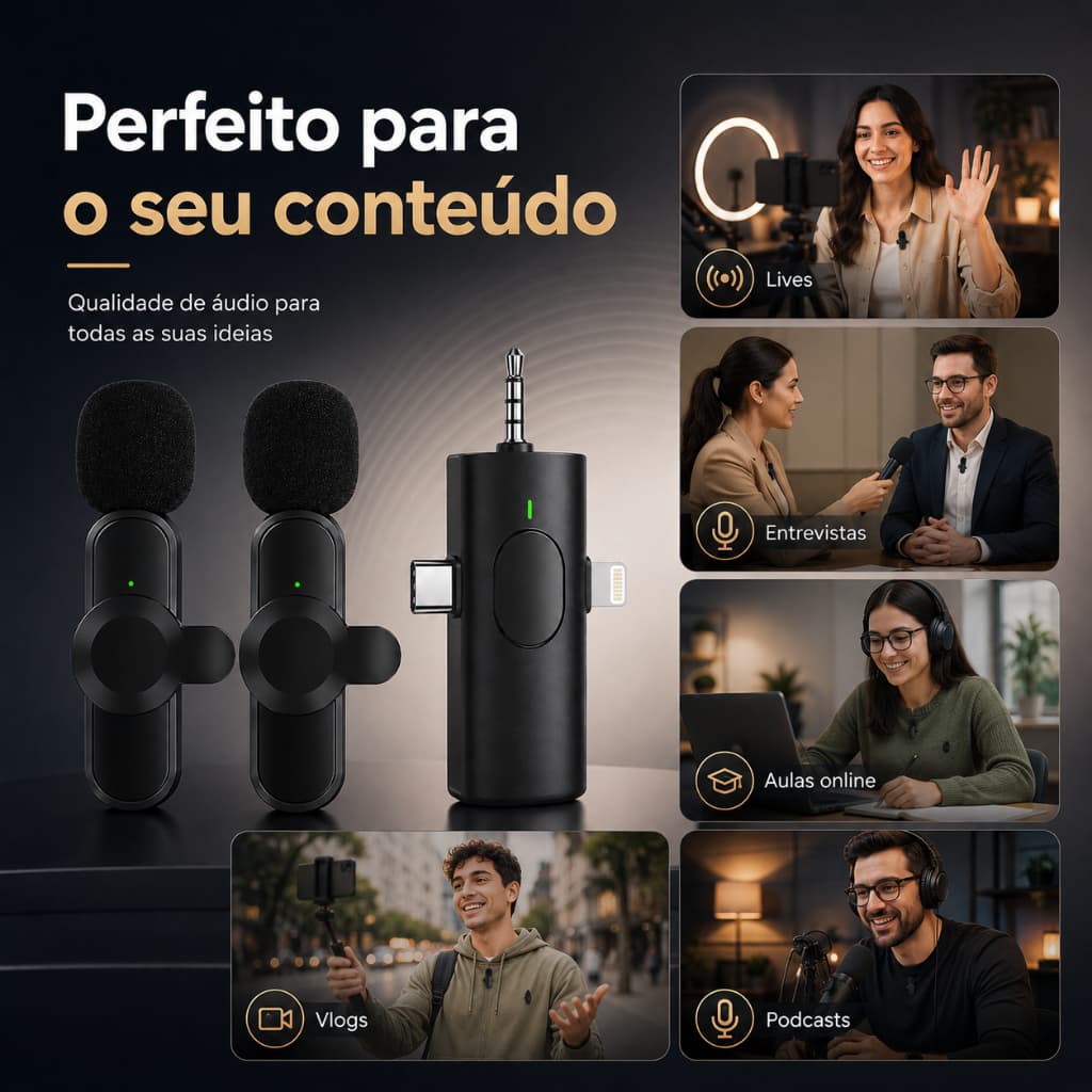Microfone de Lapela Duplo Sem Fio com Receptor USB, Redução de Ruído para Vídeos, Aulas e Lives