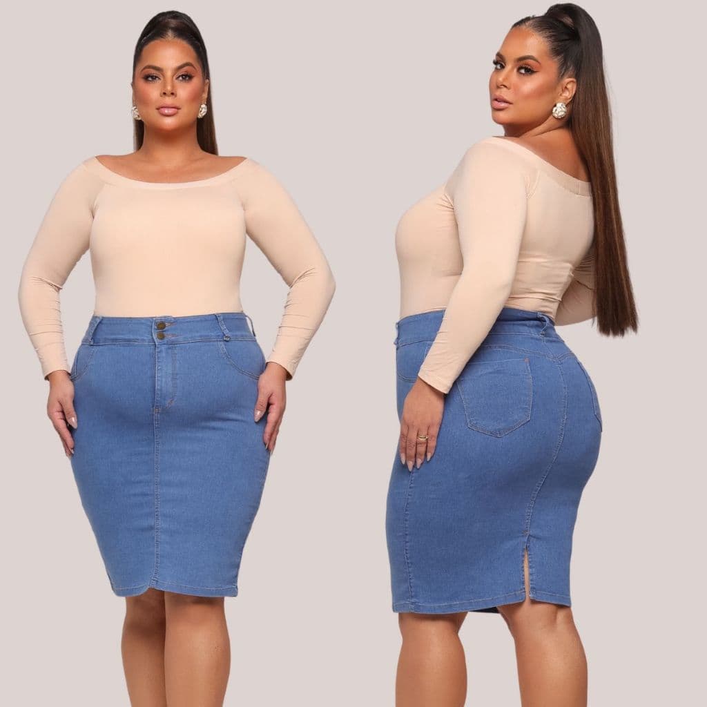 Saia Jeans Secretária Plus Size Moda Evangélica Feminina Casual Com Lycra Longa Moderna