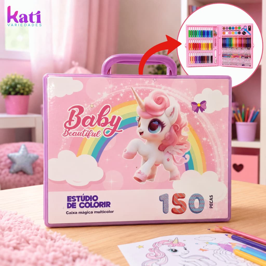 Estojo de Colorir Unicórnio Infantil 150 Peças Completo Maleta Artística Com Canetas Lápis