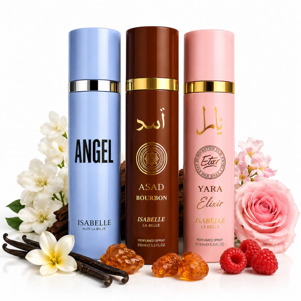 Perfume Body Splash Árabe Isabelle la belle Asad Bourbon, Angel , Yara elixir