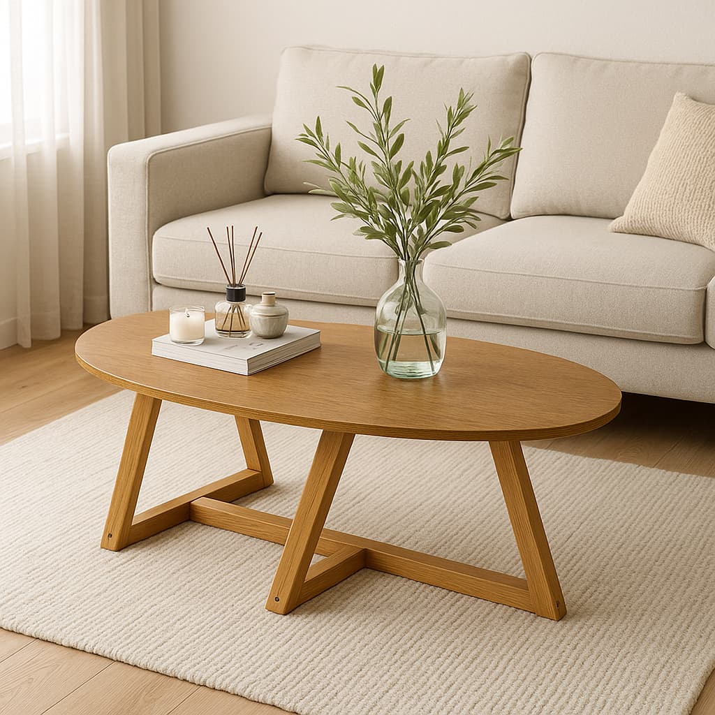 Mesa de Centro Oval com Pés em Madeira Maciça – Design Sofisticado