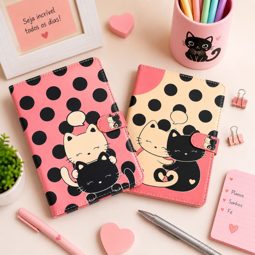 Caderno Fofo Gatinho A5 21x14,5 cm Capa Dura Gatos Estampado Folhas Pautadas Caderneta Anotações