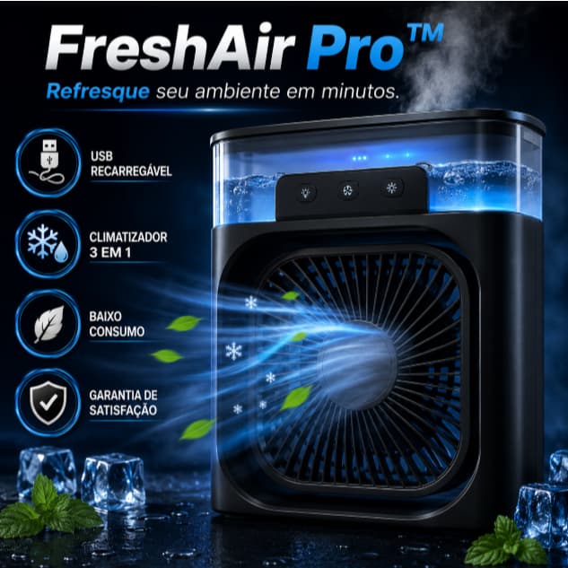 Mini Climatizador de Ar Portátil USB Recarregável Ventilador Umidificador Silencioso 3 em 1
