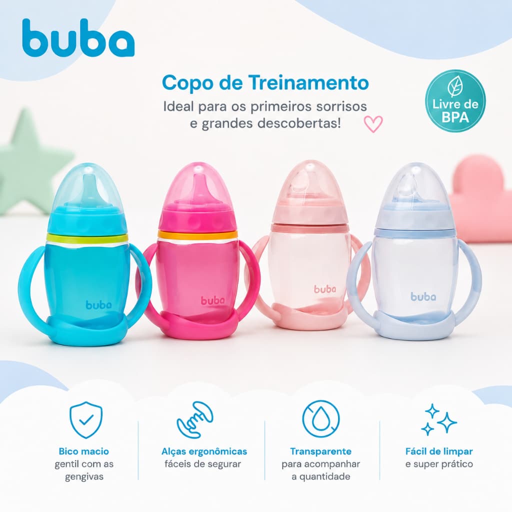 Copo Treinamento Buba Bebê Com Alça Removível Azul Rosa Menino Menina