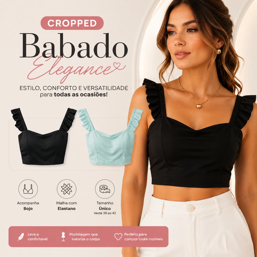Cropped Feminino Alcinha Babado Suplex com Bojo Top Casual Moda Verão Academia Fitness Confortável Tamanho Único