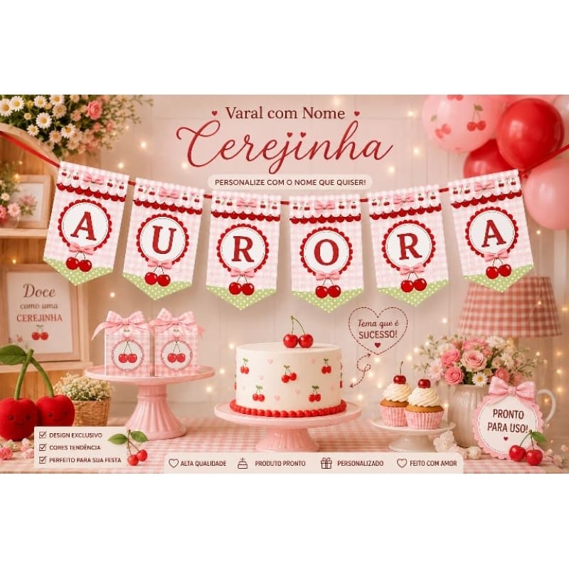 Varal com Nome Personalizado Cerejinha | Decoração Festa Cereja | Bandeirola com Nome | Chá de Bebê | Aniversário Menina