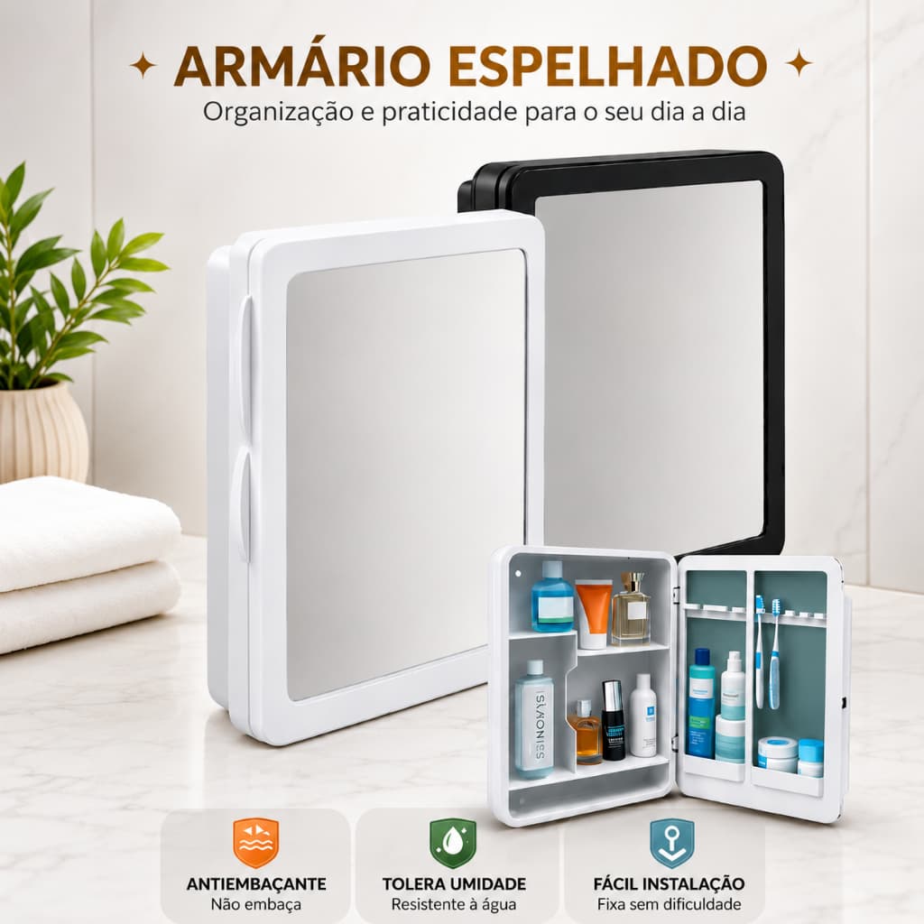 Armário Espelhado para Banheiro Sobrepor Organizador com Espelho Compacto Fácil Instalação 35x30cm
