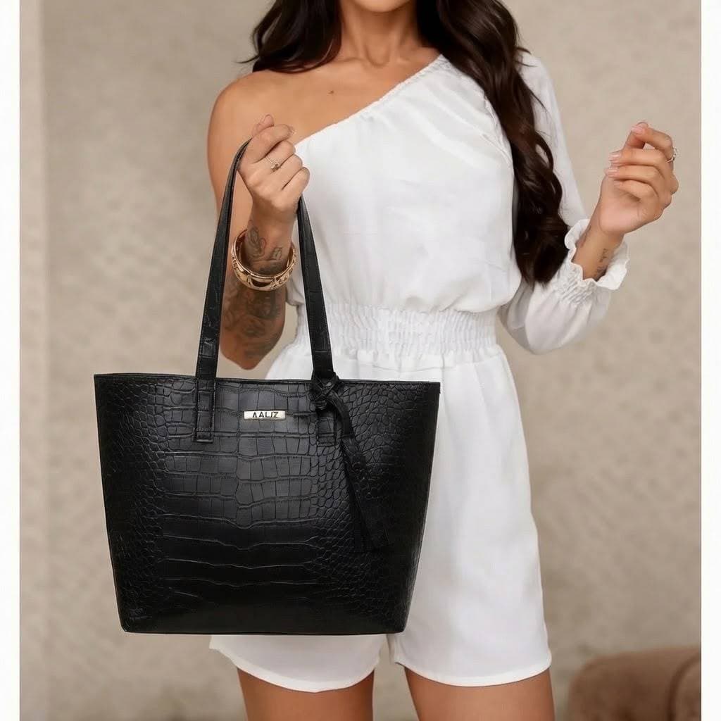 Bolsa Feminina Sacola Média de Ombro Couro Ecológico Croco Novidade Fechamento Magnético Fashion