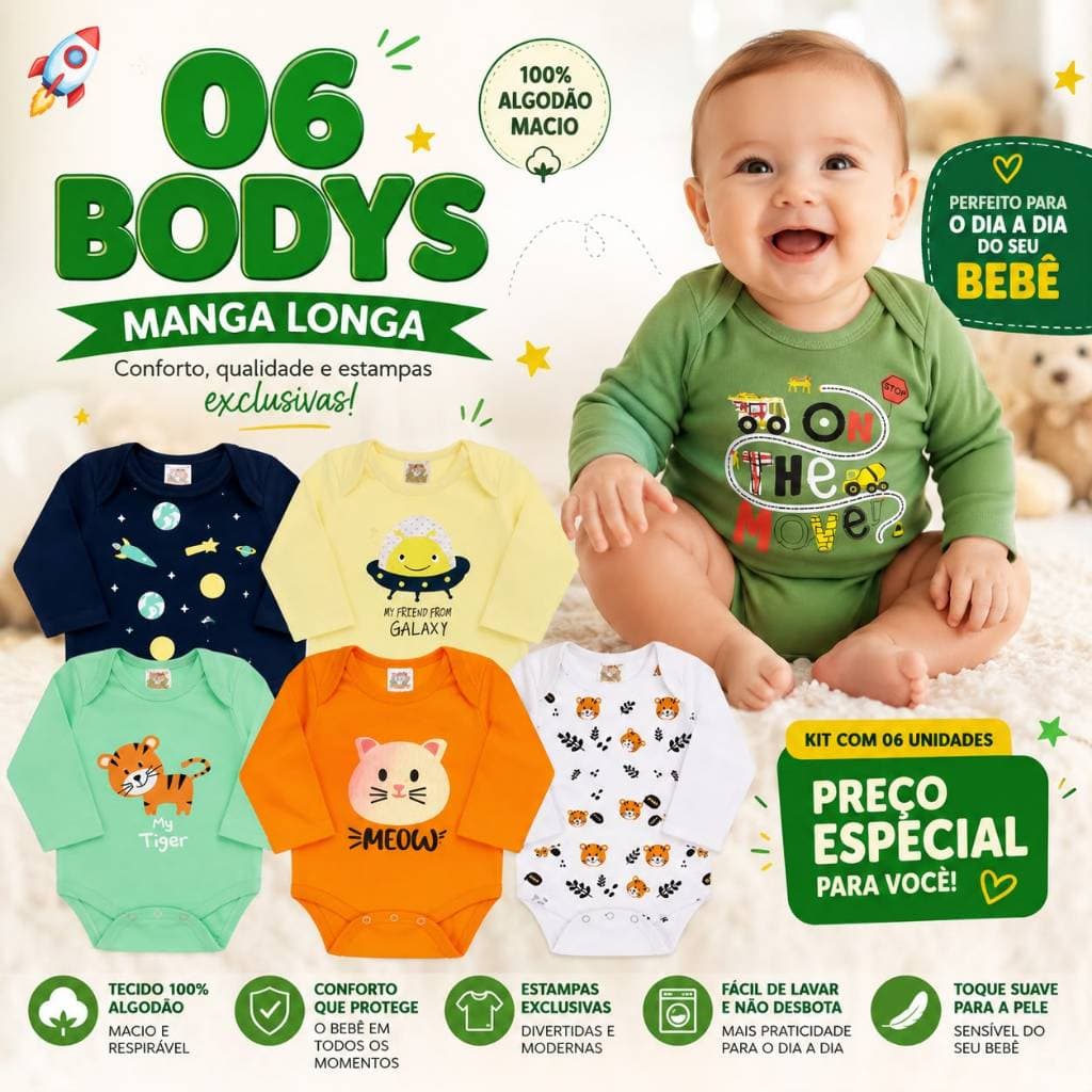 6 Body Bebê Manga Longa e Curta Com Estampas Menino E Menina