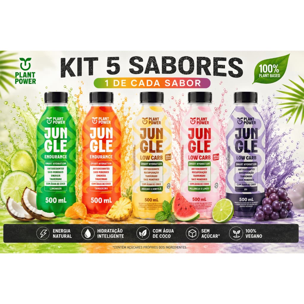 Kit com 5 Jungle Suplemento Alimentar 500ml - Limonada, Tangerina, Abacaxi com Hortelã, Melancia com Limão e Uva