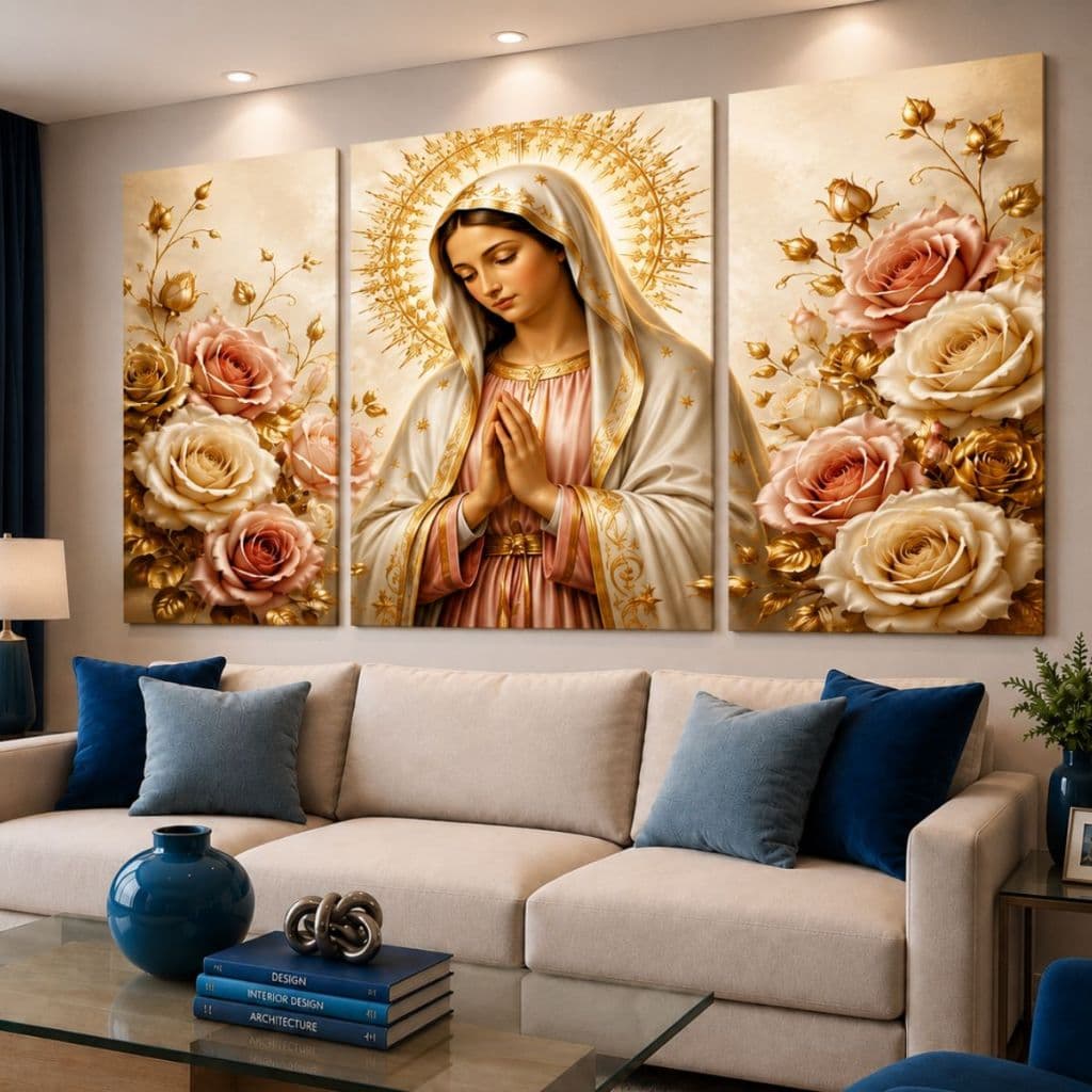 Quadro Decorativo Católico Nossa Senhora 3 Peças Flores Douradas Tríptico MDF Sala Quarto Escritório Luxo Elegante MDF