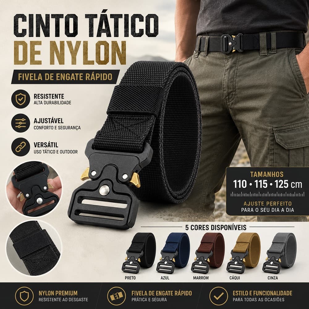 Cinto Masculino Tático Nylon 4cm Fivela Engate Rápido Ajustável 110/115/125cm Outdoor
