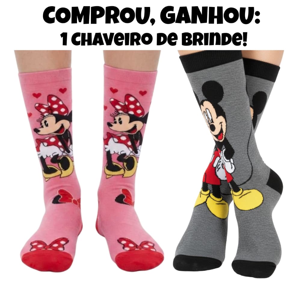 Kit 2 Pares Meia Disney Mickey E Minnie Cano Alto Com Chaveiro Brinde