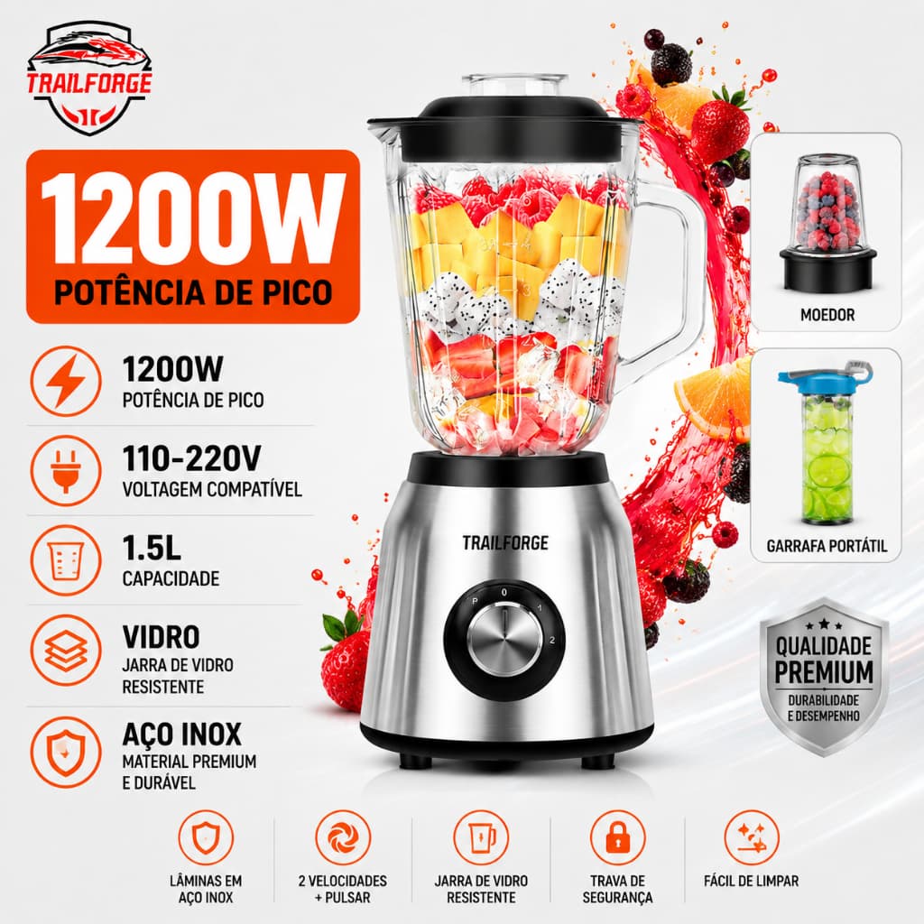 Liquidificador copo de vidro 220V 1200W 1.5L 3 em 1 6 Laminas De aço inoxidável com copo para frutas