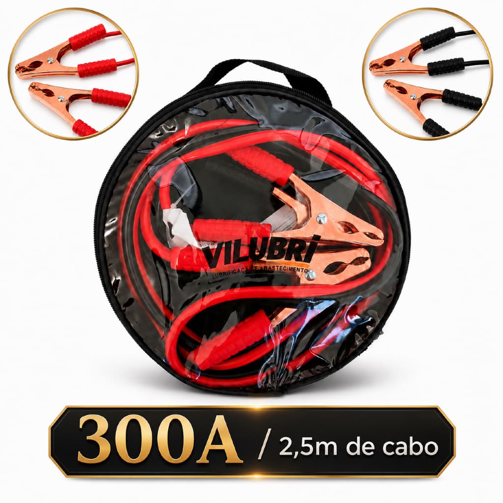 Cabo Chupeta Transferência de Bateria 300A 2,5m Garra Jacaré Partida Auxiliar Carro Moto