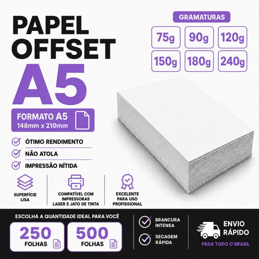 Papel Offset A5 Branco 75g 90g 120g 150g 180g 240g | 500 ou 250 Folhas
