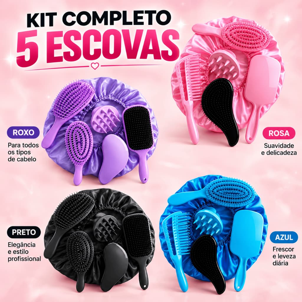 Kit 06 em 1 Escova Raquete Flex Escova Mágica Polvo Massageador De Silicone Touca De Cetim