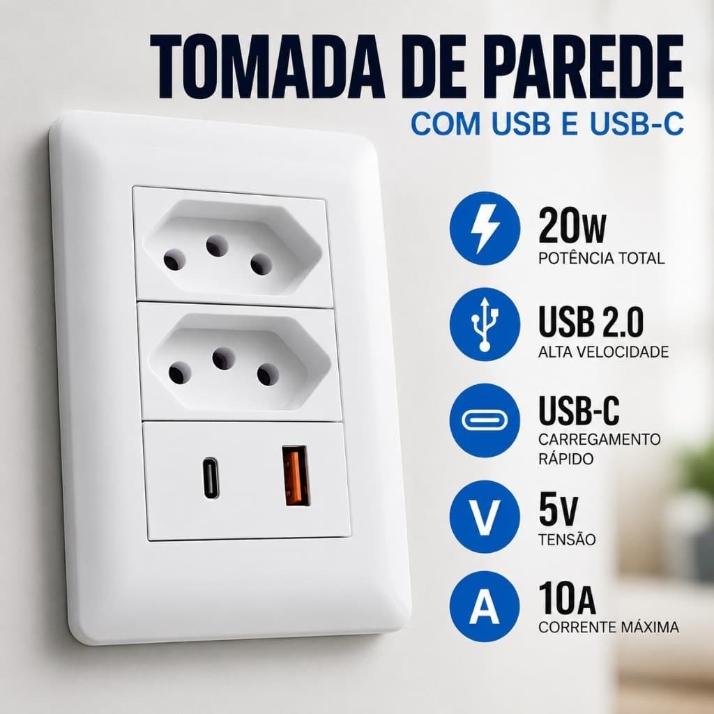 Tomada USB e USB-C 4 em 1 Carregamento Rápido 10A Bivolt 110V/220V Branca