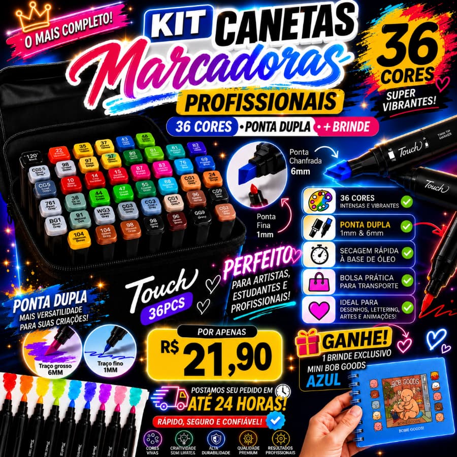 Kit 36 Canetas Marcadoras Permanente Ponta Dupla + Brinde - POSTAMOS EM ATÉ 24 HORAS🔥