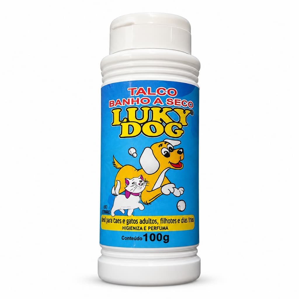 Talco Banho a Seco Luky Dog 100g para Cães e Gatos Higieniza e Perfuma