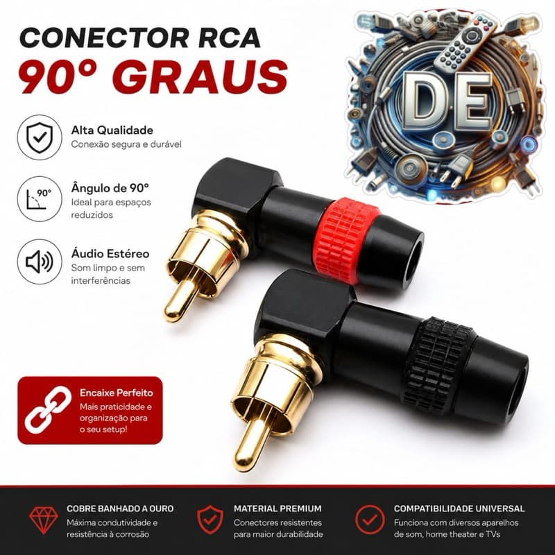 kit 2  Conector RCA Macho 90 Graus Dourado para Solda Áudio Vídeo Vermelho Preto