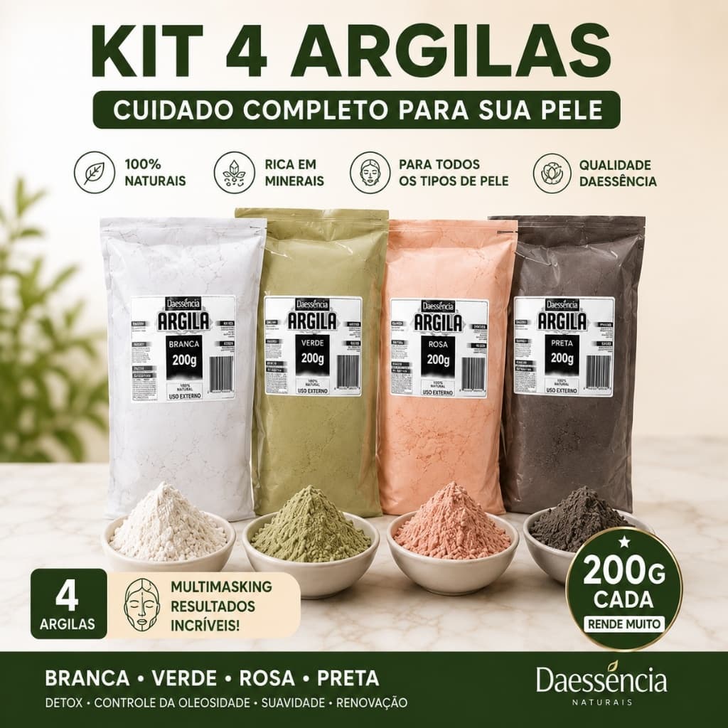 Kit 4 argilas Daessencia 200g (Branca, Verde, Rosa e Preta) Skin Care