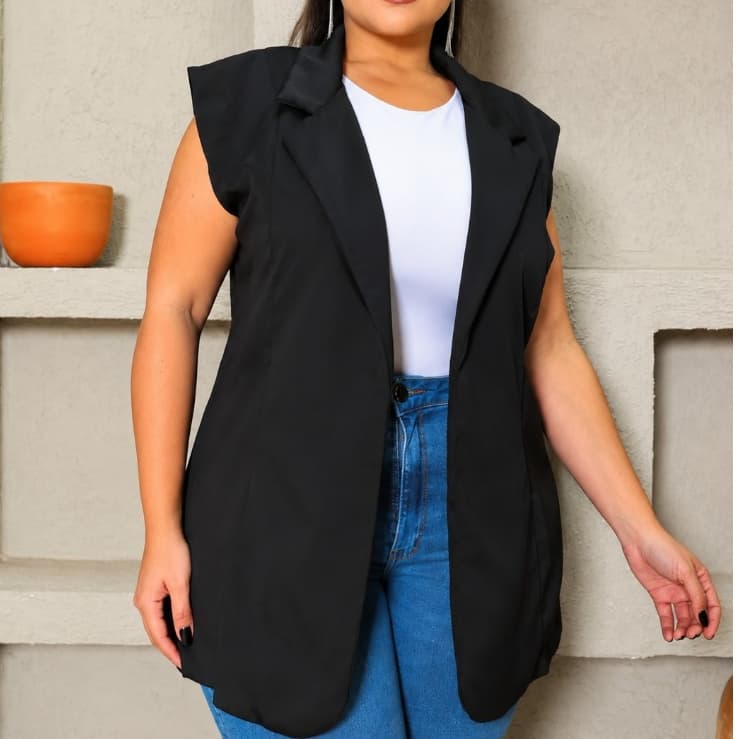Colete Longo Alfaiataria Plus Size Feminino Elegante Chic G2 e G3 Promoção