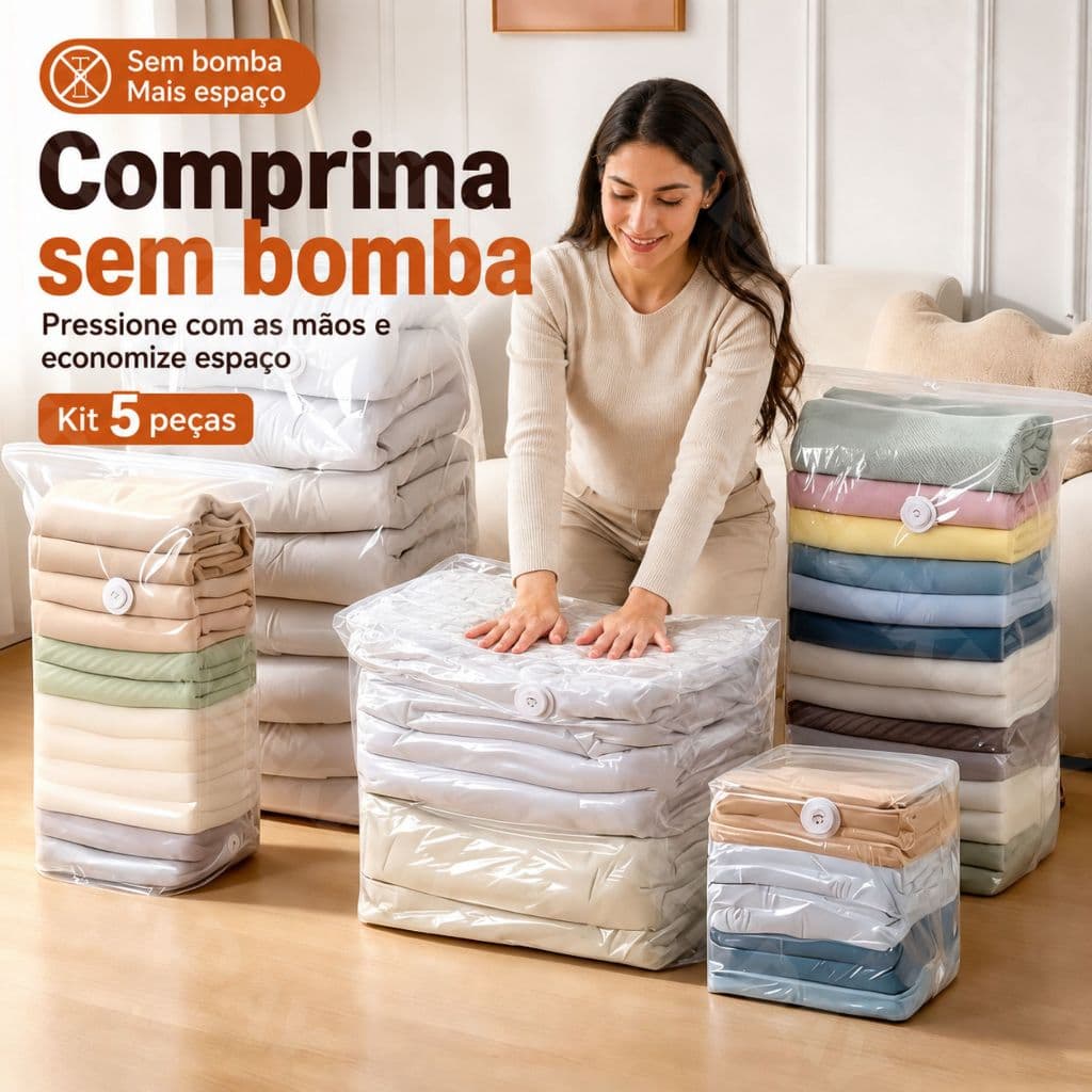 Saco A Vacuo Cubo 3D Kit 5 Unidades Compressao Manual E Bomba Organizador De Roupas