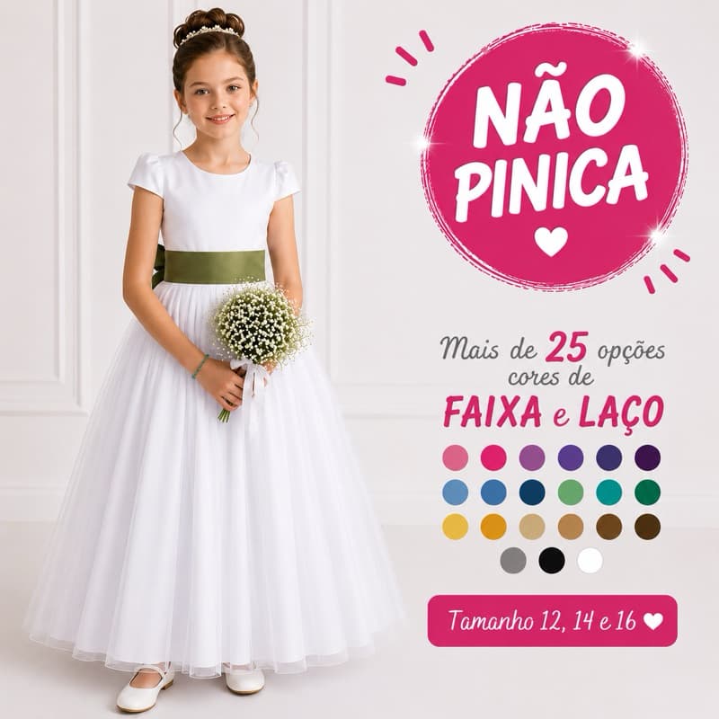 Vestido Longo Branco com 25 cores de Faixa Infantil 12 a 16  Daminha Casamento  Florista REF4190