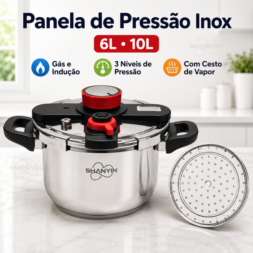 Panela de Pressão Inox 6L Cozinha Até 70% Mais Rápido Compatível com Gás e Indução Sistema Seguro SHANYIN