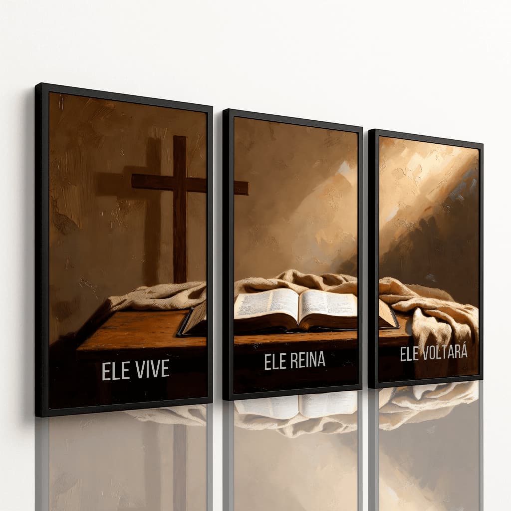 Kit 3 Quadros Ele Vive Ele Reina Ele Voltará Cruz Bíblia Decorativo Religioso Cristã Sala Premium